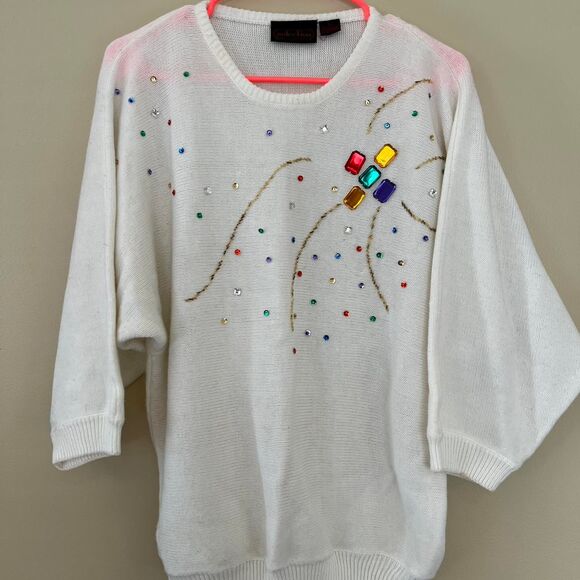 Selection Vintage Women's White Sweater with Gems Size L - Picture 1 of 4